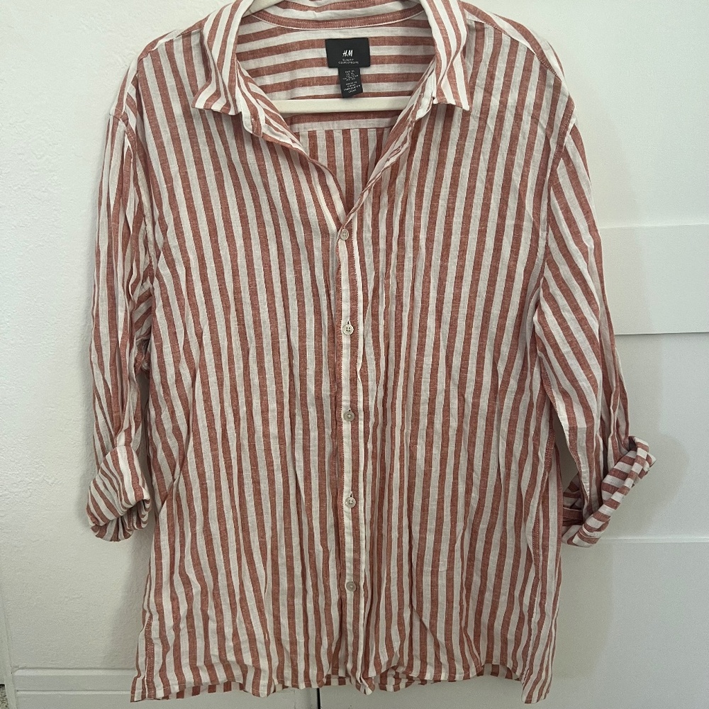 H&M mens linen striped button down shirt size xl